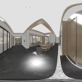 Elegant Modern Tea House Interior With Wooden Bookshelves Chandelier Long Table Sofa And Rug
