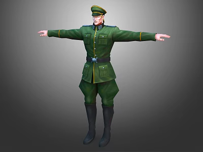 3D Military Character Model In Green Uniform With Military Cap And Arms Outstretched 3d model