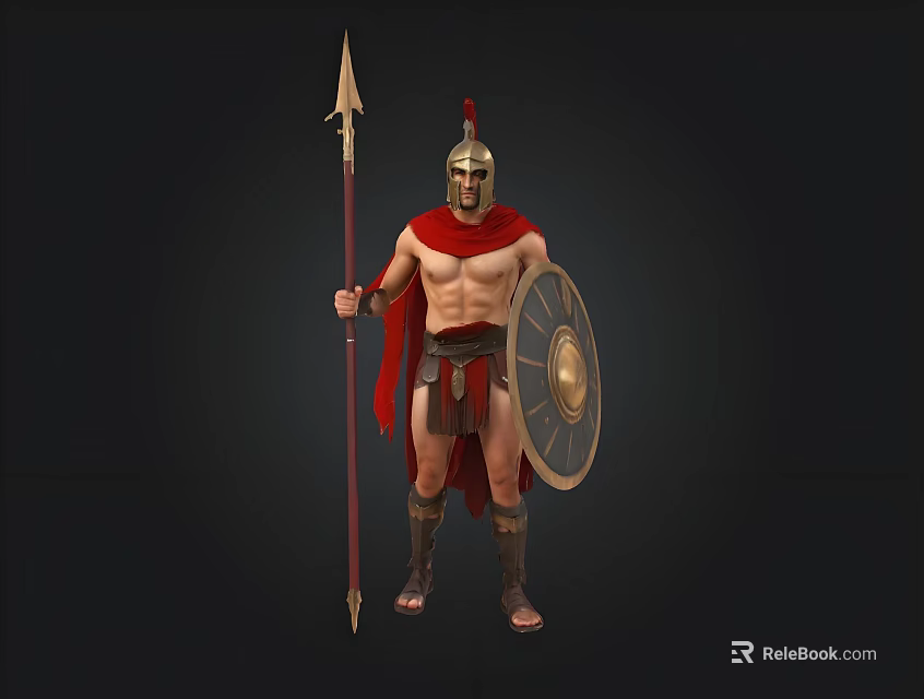 Ancient Greek Warrior In Standing Pose With Bronze Helmet Spear Shield And Red Cape 3d model 