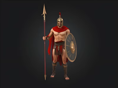 Ancient Greek Warrior In Standing Pose With Bronze Helmet Spear Shield And Red Cape 3d model