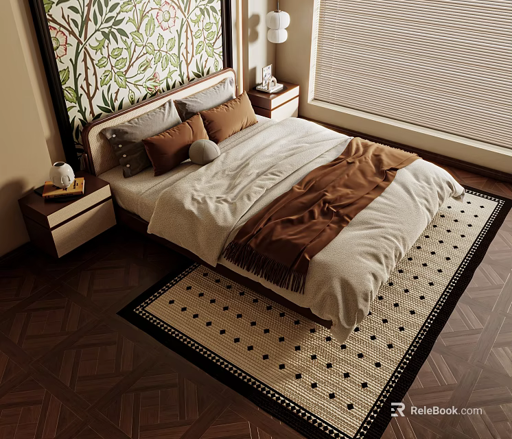 Double Bed with Leafy Mural Headboard Pillows and Brown Blanket on Wooden Flooring with Nightstands and Roller Blinds 3d model 