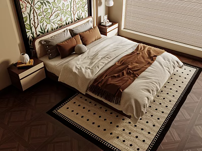 Double Bed with Leafy Mural Headboard Pillows and Brown Blanket on Wooden Flooring with Nightstands and Roller Blinds 3d model