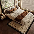 Double Bed with Leafy Mural Headboard Pillows and Brown Blanket on Wooden Flooring with Nightstands and Roller Blinds