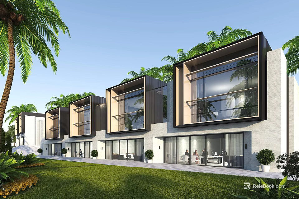 Modern Townhouse Exterior With Large Glass Windows Lush Greenery Palm Trees And Manicured Lawn 3d model 