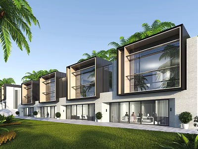 Modern Townhouse Exterior With Large Glass Windows Lush Greenery Palm Trees And Manicured Lawn 3d model