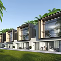 Modern Townhouse Exterior With Large Glass Windows Lush Greenery Palm Trees And Manicured Lawn