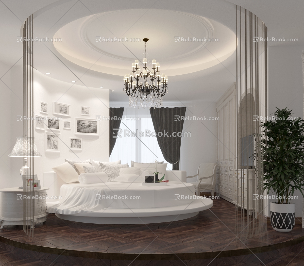 Modern Round Bed Double Bed Crystal Chandelier Table Lamp Bedside Table Photo Wall 3d model