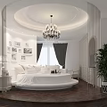 Stylish White Round Bed Interior With Chandelier Dark Curtains Wooden Floor And Wall Art