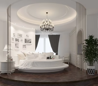Stylish White Round Bed Interior With Chandelier Dark Curtains Wooden Floor And Wall Art 3d model