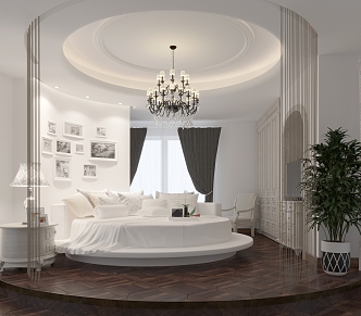 Modern Round Bed Double Bed Crystal Chandelier Table Lamp Bedside Table Photo Wall 3d model