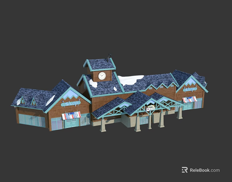 Rustic Wooden Houses With Snow Covered Roofs Clock Tower And Store Signs 3d model 