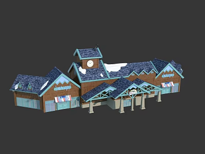 Rustic Wooden Houses With Snow Covered Roofs Clock Tower And Store Signs 3d model