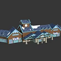 Rustic Wooden Houses With Snow Covered Roofs Clock Tower And Store Signs