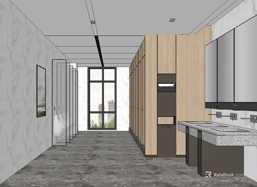 Modern Public Restroom Design With Wooden Stalls Marble Sink And Window 3d model 