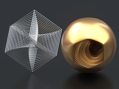 Modern Decorative Ornament Set with White Geometric Wire Frame and Golden Spiral Sphere Design 3d model
