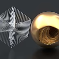 Modern Decorative Ornament Set with White Geometric Wire Frame and Golden Spiral Sphere Design