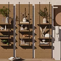 Wooden Shelf Decorative Ornament Set With Green Plants Vases And Bowls