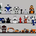 Assorted Robot And Vehicle Action Figure Toys Display On White Shelf Collection