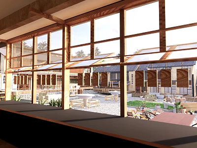 Bright Courtyard Garden With Wooden Frame Windows Outdoor Seating And Green Plants 3d model