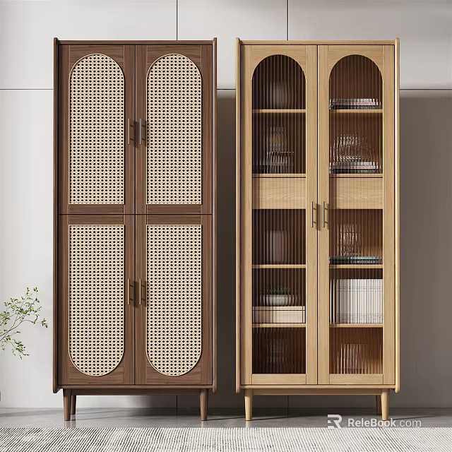 Modern Bookcases With Dark Brown Rattan Doors And Light Wood Glass Doors Holding Books 3d model 