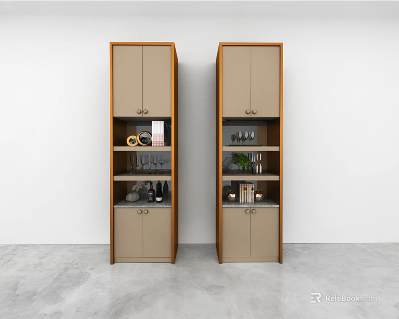 Modern Minimalist Wall Cabinets In Beige With Open Shelves And Decorative Books Wine Glasses 3d model 