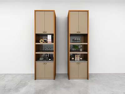 Modern Minimalist Wall Cabinets In Beige With Open Shelves And Decorative Books Wine Glasses 3d model