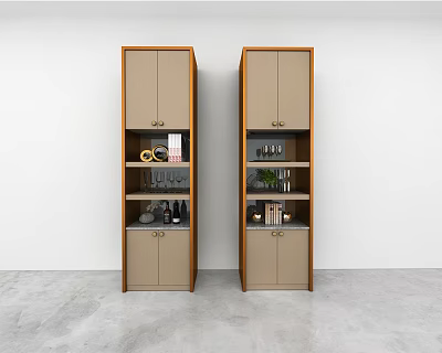 Modern Minimalist Wall Cabinets In Beige With Open Shelves And Decorative Books Wine Glasses 3d model