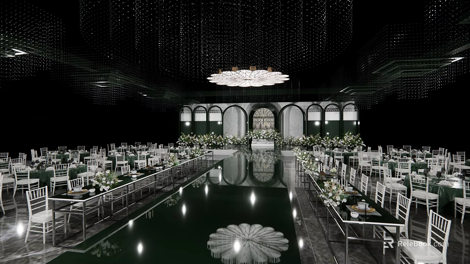 Luxurious Banquet Hall With Crystal Chandelier Reflective Floor Dining Tables Chairs And Flower Decorations 3d model 