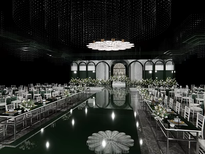 Luxurious Banquet Hall With Crystal Chandelier Reflective Floor Dining Tables Chairs And Flower Decorations 3d model