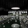 Luxurious Banquet Hall With Crystal Chandelier Reflective Floor Dining Tables Chairs And Flower Decorations