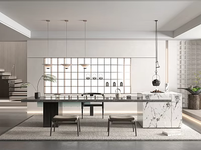 Modern Tea Room Interior With Open Design Marble Counter Pendant Lights And Grid Windows 3d model