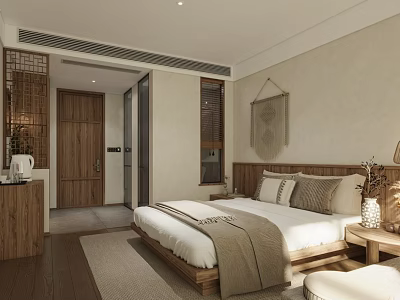 Minimalist Hotel Guest Room With Wooden Furniture King Bed And Macrame Wall Decor 3d model