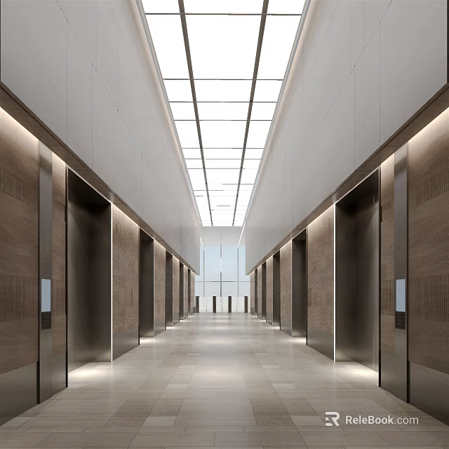 Modern Elevator Hallway Interior Design With Bright Lighting Marble Floor And Elevator Doors 3d model