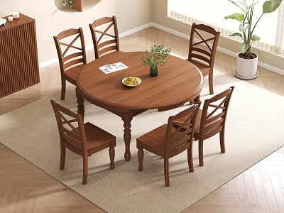 Wooden Round Dining Table Set With Six Chairs And Green Plants 3d model