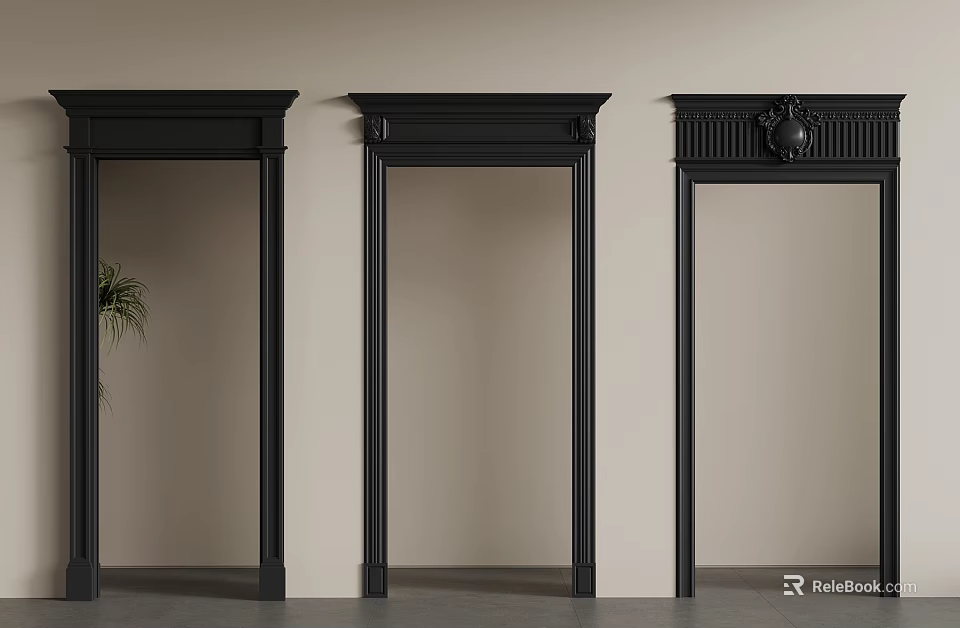 Three Black Door Frames Arranged Against Light Colored Wall With Side Plant 3d model
