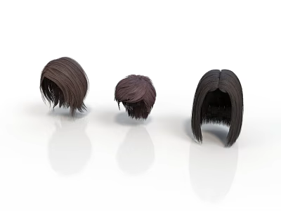 Three Brown Wig Mannequin Heads With Different Hairstyle Lengths And Textures 3d model
