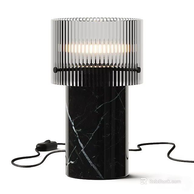 Modern Table Lamp with Black Marble Base and Transparent Ribbed Lampshade Warm Light 3d model 