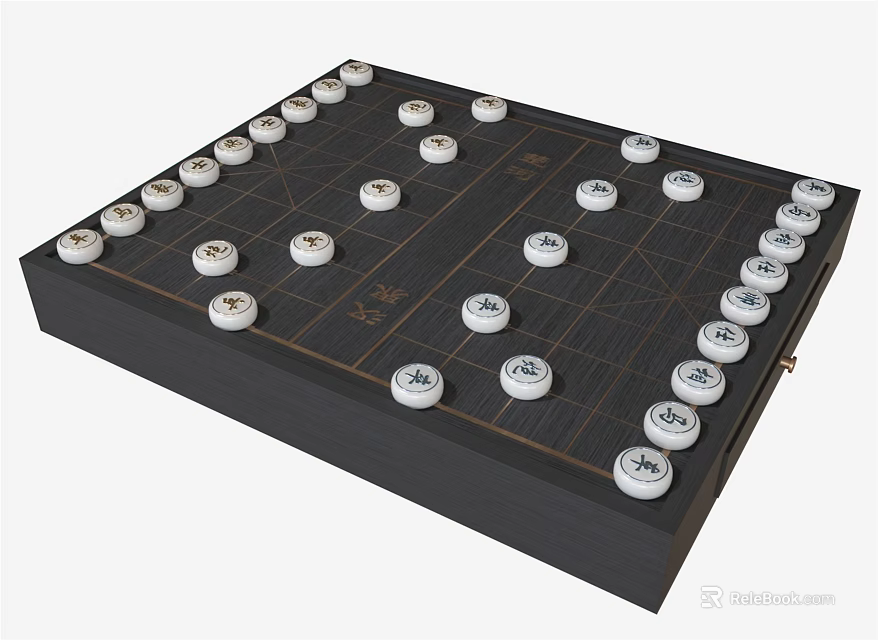 Traditional Chinese Chess Board Game With Black Chessboard And White Pieces For Entertainment 3d model 