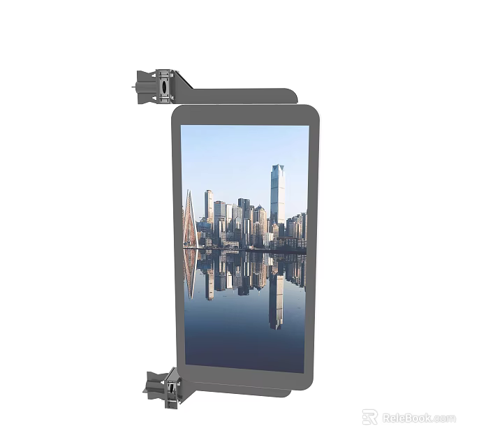 Modern Computer Monitor with Mount Displaying City Skyline and Water Reflection 3d model 