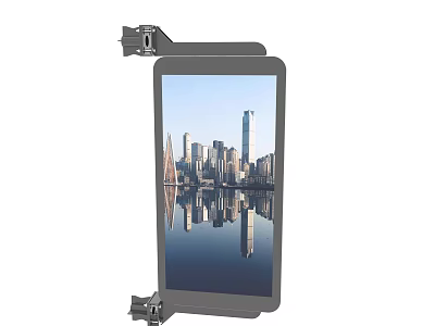 Modern Computer Monitor with Mount Displaying City Skyline and Water Reflection 3d model