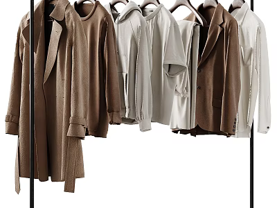 Stylish Hangers Holding Neutral Tones Coats And Shirts In Modern Wardrobe 3d model