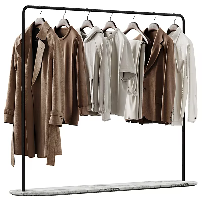 Stylish Hangers Holding Neutral Tones Coats And Shirts In Modern Wardrobe 3d model