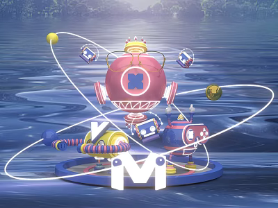 Vibrant Decorative Installation With Pink Sphere Crown Orbits Blue Base And Letter M 3d model