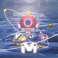 Vibrant Decorative Installation With Pink Sphere Crown Orbits Blue Base And Letter M