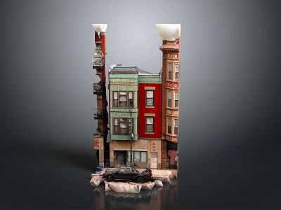 Cartoon City Scene With Vibrant Multi Story Buildings Balconies Windows And Street Details 3d model