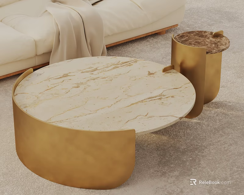 Elegant White Sofa Beige Blanket Gold Base Marble Coffee and Side Table Set 3d model