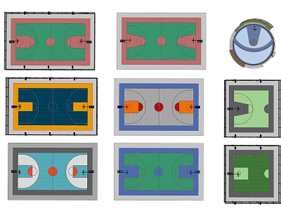 Basketball Gym Floor Plans With Various Designs And Multiple Color Layouts 3d model