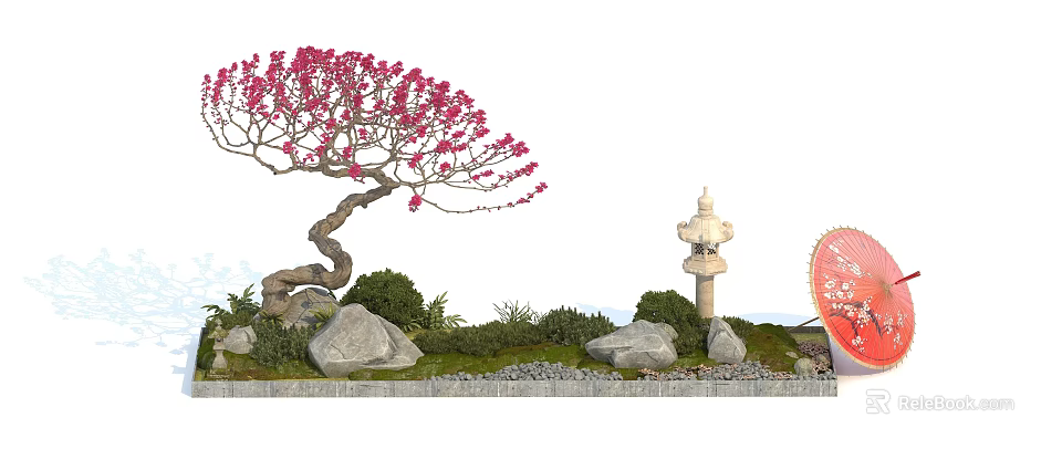 Plant Combination with Pink Flowering Tree Low Green Plants Grass and Stones in Garden Landscape 3d model 