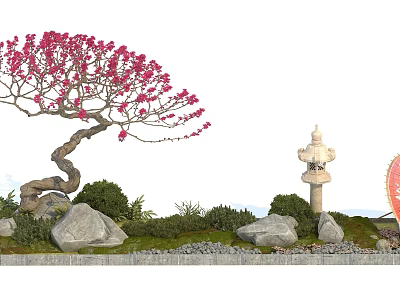 Plant Combination with Pink Flowering Tree Low Green Plants Grass and Stones in Garden Landscape 3d model
