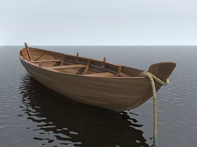 Traditional Wooden Boat With Roped Bow Floating On Calm Natural Water Surface 3d model